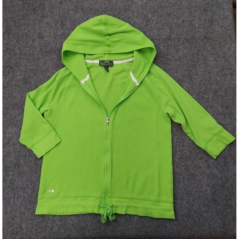 LRL Ralph Lauren Jacket‎ Womens XL Lime Green Hooded Full Zip Waffle Knit READ